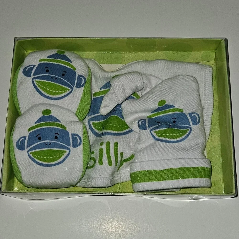 NEW Monkeez & Friends Gift Set Baby 3-6 Months Sock Monkey Hat Booties Bib Lot